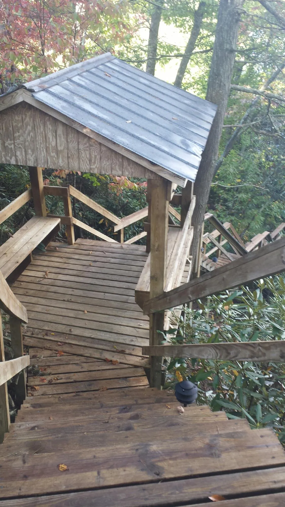 Metal roofed shelter over wooden steps on a wooded walkway — Skylight Repair & Installation work by our crew in Shasta
